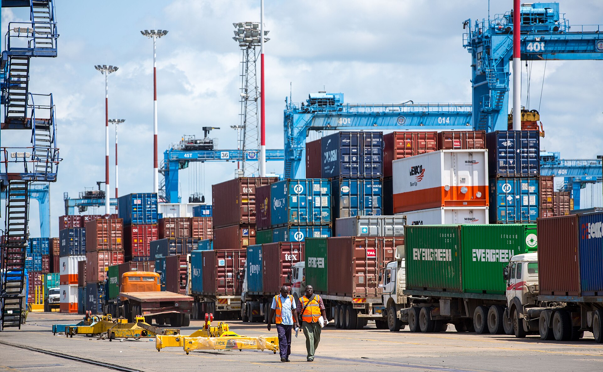Containers and trucks at the port of Mombasa